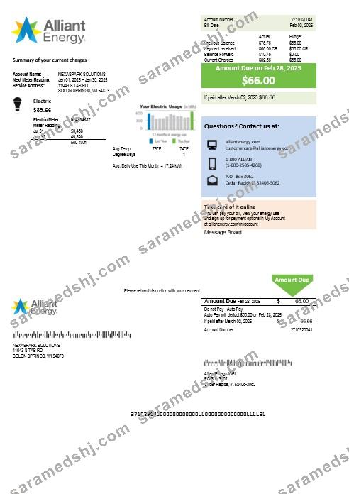 USA Wisconsin Alliant Energy electricity business utility bill template in Word and PDF formats